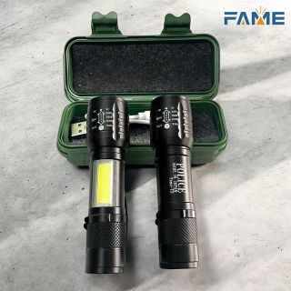 Đèn Pin FAME T2 Mini Cầm Tay Có Móc Kèm Dây Sạc Đèn Mini Siêu Sáng Tiện Lợi Bỏ Túi, có COB và móc cài Led Usb nháy