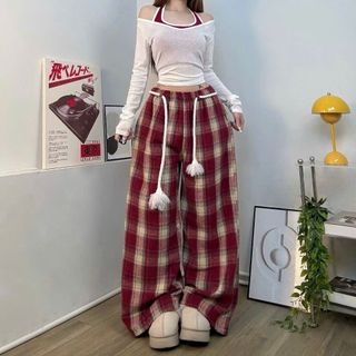 Quần ống rộng kẻ sọc chất nỉ dạ caro dày dặn phối dây luồng lai kèm dây thừng chun.