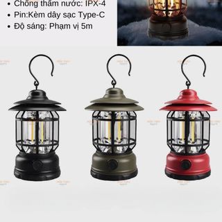 Đèn Pin Cắm Trại Dã Ngoại Vintage Chống Nước IPX4 – Đèn Led Dã Ngoại, Du Lịch + Bộ Sạc Type – C