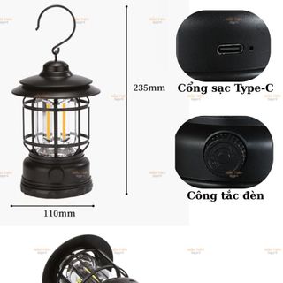 Đèn Pin Cắm Trại Dã Ngoại Vintage Chống Nước IPX4 – Đèn Led Dã Ngoại, Du Lịch + Bộ Sạc Type – C