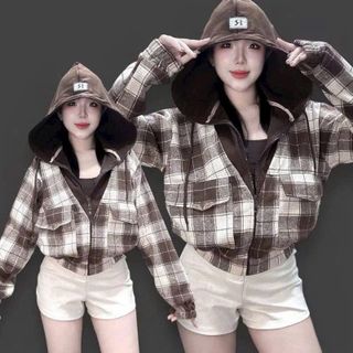 Áo Khoác Sơ Mi Dạ Caro Flannel Phối Nón Thun Gân, Tay Dài, Form Rộng Năng Động, Trẻ Trung