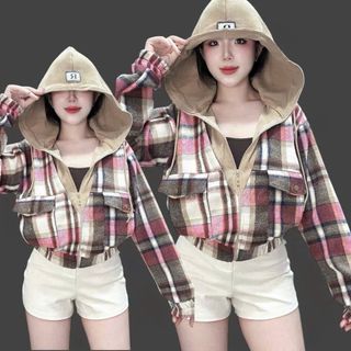 Áo Khoác Sơ Mi Dạ Caro Flannel Phối Nón Thun Gân, Tay Dài, Form Rộng Năng Động, Trẻ Trung