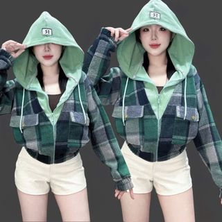 Áo Khoác Sơ Mi Dạ Caro Flannel Phối Nón Thun Gân, Tay Dài, Form Rộng Năng Động, Trẻ Trung