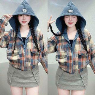 Áo Khoác Sơ Mi Dạ Caro Flannel Phối Nón Thun Gân, Tay Dài, Form Rộng Năng Động, Trẻ Trung
