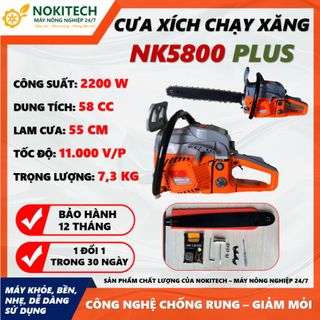 CƯA XÍCH CHẠY XĂNG NOKITECH NK5800 PLUS 2200W [2025] - Lam 55cm - Chống Rung Cao Cấp