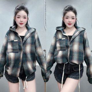 Sơ Mi Có Nón Kẻ Caro Chất Nỉ Dạ Mềm, Một Túi Lai Dây Rút