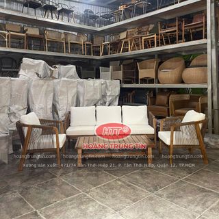 Sofa gổ Teak đan sợi nhựa giả mây