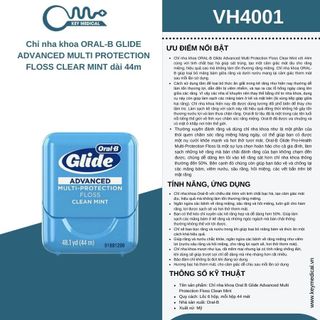 Chỉ nha khoa ORAL-B GLIDE ADVANCED MULTI PROTECTION FLOSS CLEAR MINT dài 44m
