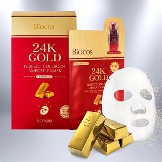 MẶT NẠ TINH CHẤT VÀNG 2IN1 BIOCOS 24K GOLD PERFECT COLLAGEN AMPOULE MASK – Coreana Biocos (1 hộp/ 10 miếng)