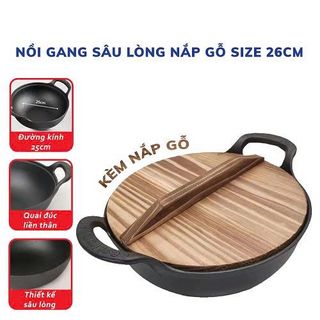 NỒI GANG CHỐNG DÍNH KÈM NẮP GỖ 25CM