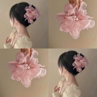 Kẹp Tóc Càng Cua Hoa Tiên Voan Lớn Đính Hạt Ngọc Sang Trọng