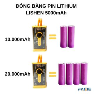 Sạc dự phòng FAME trong suốt, sỉ sạc dự phòng chất lượng, sạc dự phòng kèm dây, sạc dự phòng 4 cổng sạc nhanh