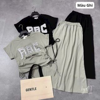 Set Áo Dây Rút Chữ ABC Mix Chân Váy Xuông, Tôn Dáng Màu Ghi Và Đen Mặc Đi Chơi, Ở Nhà freesize dươi 55kg