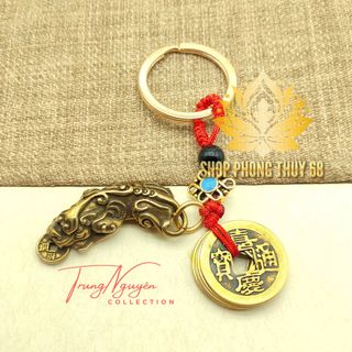 Móc Khóa Tỳ Hưu Ngậm Đồng Xu Và 5 Xu Ngũ Đế Phong Thủy - Chiêu Tài Lộc & May Mắn