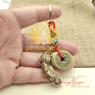 Móc Khóa Tỳ Hưu Ngậm Đồng Xu Và 5 Xu Ngũ Đế Phong Thủy - Chiêu Tài Lộc & May Mắn