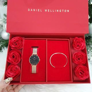 SET ĐỒNG HỒ CAO CẤP DANIEL W LƯỚI TRÒN VÀ VÒNG TAY HỘP HOA ĐỎ