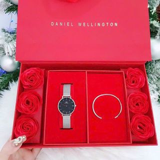 SET ĐỒNG HỒ CAO CẤP DANIEL W LƯỚI TRÒN VÀ VÒNG TAY HỘP HOA ĐỎ