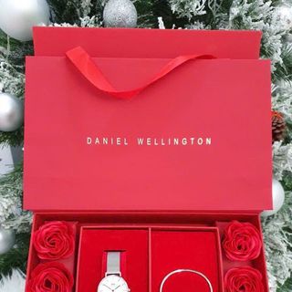 SET ĐỒNG HỒ CAO CẤP DANIEL W LƯỚI TRÒN VÀ VÒNG TAY HỘP HOA ĐỎ