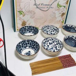 BỘ 6 CHÉN SỨ NHẬT BẢN HỌA TIẾT HOA XANH