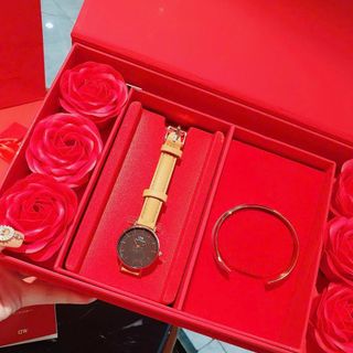 SET ĐỒNG HỒ CAO CẤP DANIEL W DA TRÒN VÀ VÒNG TAY HỘP HOA ĐỎ