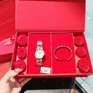 SET ĐỒNG HỒ CAO CẤP DANIEL W ICONIC TRÒN VÀ VÒNG TAY HỘP HOA ĐỎ