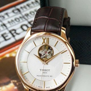 ĐỒNG HỒ NAM CƠ SIÊU CẤP THUỴ SỸ TISỚT DÂY DA KÍNH SAPHIRE LỘ MÁY MẶT TRẮNG VIỀN ĐỒNG