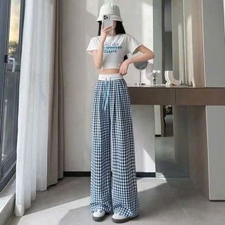 Quần kẻ caro ống rộng dáng suông nữ cạp chun lưng cao họa tiết kẻ sọc caro lạ mắt chất kate