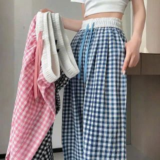 Quần kẻ caro ống rộng dáng suông nữ cạp chun lưng cao họa tiết kẻ sọc caro lạ mắt chất kate