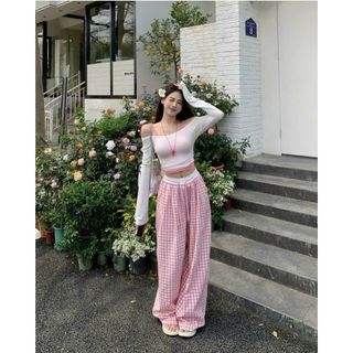 Quần kẻ caro ống rộng dáng suông nữ cạp chun lưng cao họa tiết kẻ sọc caro lạ mắt chất kate