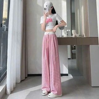 Quần kẻ caro ống rộng dáng suông nữ cạp chun lưng cao họa tiết kẻ sọc caro lạ mắt chất kate