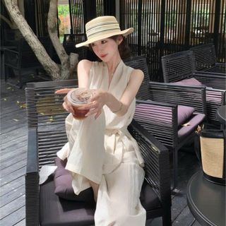 Set bộ nữ đũi xước cao cấp áo buộc eo quần ống rộng có lót