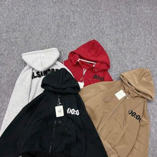 Áo khoác hoodie zip nỉ dệt from rộng boxy nón to nút bấm cổ thêu 00:00 có túi trong unisex nam nữ