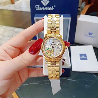 ĐỒNG HỒ NAM NỮ CHÍNH HÃNG FUNMEI F2036 VÀNG DÂY THÉP FULLBOX TEM