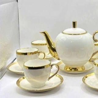 BỘ ẤM TRÀ/CÀ PHÊ SỨ TRẮNG VIỀN VÀNG SANG TRỌNG