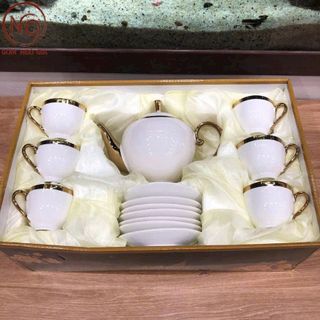 BỘ ẤM TRÀ/CÀ PHÊ SỨ TRẮNG VIỀN VÀNG SANG TRỌNG