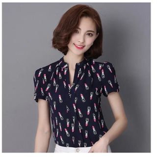 Áo sơ mi cổ trụ tay ngắn họa tiết son môi - Giá Sale 85.000đ