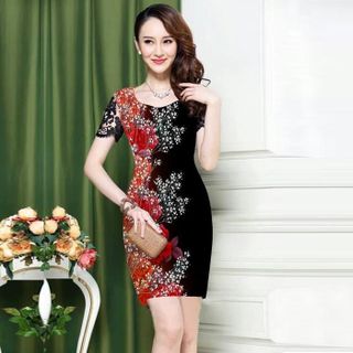 Đầm in 3D tay ren có size XXXL: Hoa Hồng Đỏ Phối Hoa Nhí