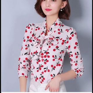 Áo Sơ Mi Họa Tiết Cherry Cổ Nơ Tay Dài - TP962 - Sale 85.000đ