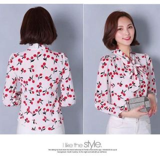 Áo Sơ Mi Họa Tiết Cherry Cổ Nơ Tay Dài - TP962 - Sale 85.000đ