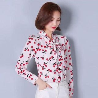 Áo Sơ Mi Họa Tiết Cherry Cổ Nơ Tay Dài - TP962 - Sale 85.000đ