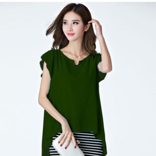 Đầm Voan Xanh Sọc Ngang Nẹp V 2 Lớp Thanh Lịch
