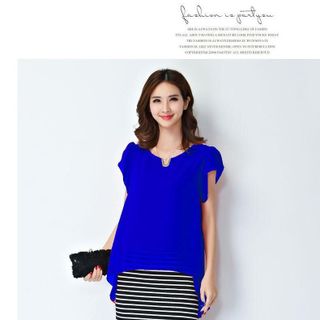 Đầm Voan Xanh Bích Sọc Ngang Nẹp V 2 Lớp Thanh Lịch