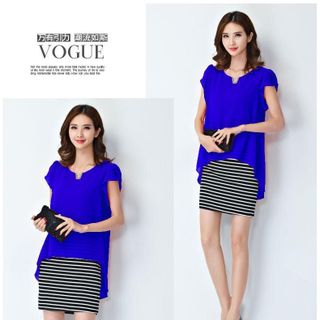 Đầm Voan Xanh Bích Sọc Ngang Nẹp V 2 Lớp Thanh Lịch