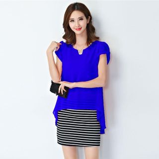 Đầm Voan Xanh Bích Sọc Ngang Nẹp V 2 Lớp Thanh Lịch