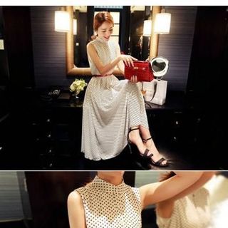 Đầm Vintage Chấm Bi Cổ Trụ Kèm Nịt Đỏ Thời Trang-TP564