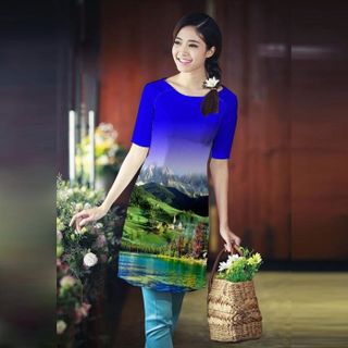 Áo Dài Cách Tân in 3D Có Size XXL: Phong Cảnh Thiên Nhiên Nền Xanh