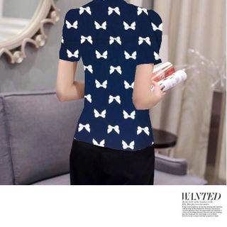 Áo sơ mi cổ trụ tay ngắn họa tiết nơ bướm Giá Sale 85.000đ