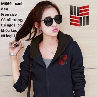 M669 - ÁO KHOÁC NỮ NỈ CÓ NÓN LOGO ĐEN ĐỎ 4 GÓC