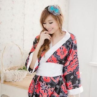 Áo khoác ngủ kimono phi bóng màu đen hoa đỏ Mã sản phẩm: 91821