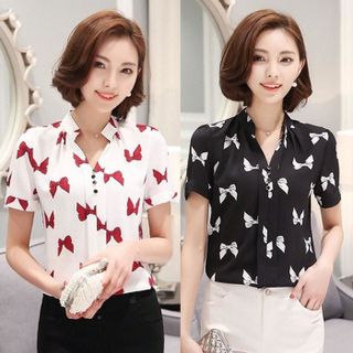 Áo Sơ Mi Cổ Trụ Họa Tiết Nơ Bướm - TP889 - Sale 85.000đ